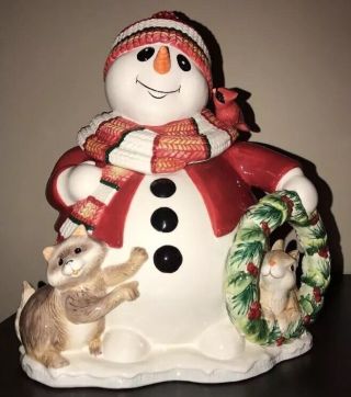 2003 Fitz & Floyd " Woodland Snowman " Ceramic Christmas Cookie Jar