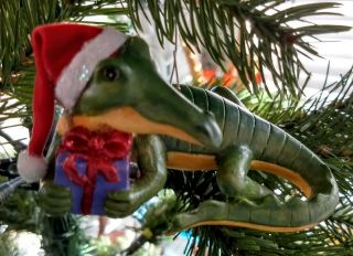 Alligator Christmas Ornament,  Santa Hat,  Holding Present