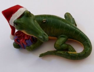 Alligator Christmas ornament,  santa hat,  holding present 2