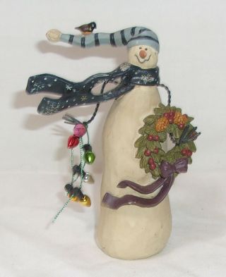 Blossom Bucket Christmas Figurine - Snowman With Bird,  Lights & Wreath