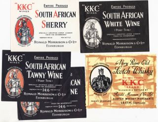 5 X Orig Kkc 1950s Whisky & Port Wine Labels,  Morrison & Co,  Edinburgh,  S Africa