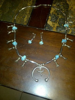 Vtg Sterling Silver & Turquoise Navajo Pawn Squash Blossom Necklace & Earrings