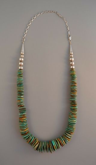 Vintage Santo Domingo Pueblo Indian Handcarved Green Turquoise Necklace 22 