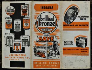 1940s Johnson Oil Brilliant Bronze Gasoline Service Station Indiana Road Map
