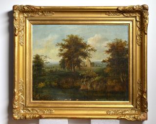 Old Good Landscape Unsigned Framed Antique Oil Painting Ca 1800
