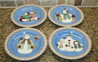 Set Of 4 - Sakura Debbie Mumm Jolly Snowman Christmas Luncheon Dessert Plates