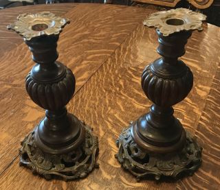 Great Turn Of The Century Oak And Brass Candle Holders