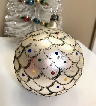 Large - Jumbo Vtg Poland Polish X - Mas Glass Ball Ornament - Mica Glitter - Scallop - Dot