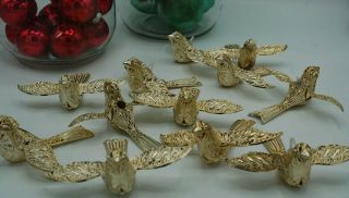 Vintage Set Of 12 Filigree Bird Christmas Ornament Gold Tone Plastic