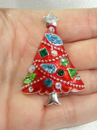 Colorful Rhinestone Ornament Red Enamel Christmas Tree Brooch / Pin