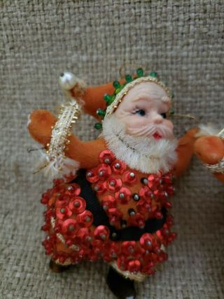 Vintage Flocked Sequined Dancing Santa & Mrs Claus Plastic Christmas Ornaments 2