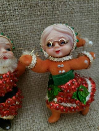 Vintage Flocked Sequined Dancing Santa & Mrs Claus Plastic Christmas Ornaments 3
