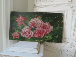 Gorgeous Old Antique Rose Oil Painting Pink Roses Lying Down On Canvas Shabby