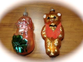 Vintage Teddy Bear With Red Vest & 4 Leaf Clover Pig Glass Christmas Ornaments