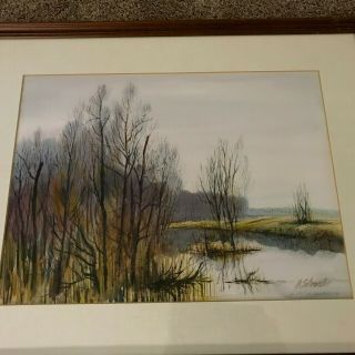 Howard Schroeder (Delaware,  1910 - 1995) Landscape with Pond Watercolor Painting 3