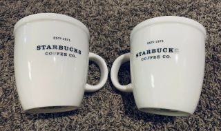 Pair 2 Starbucks 2007 White Large Coffee Mug Cups Black Lettering Est.  1971 18oz