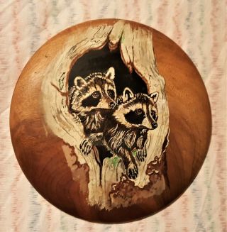Wall Plaque W/ Signed Hand Painted Raccoons On Natural Oregon Myrtlewood