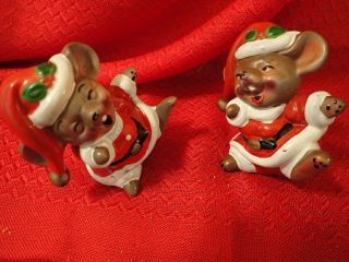 Vtg Pair Josef Christmas Mice In Santa Suits Dancing & Laughing Korea