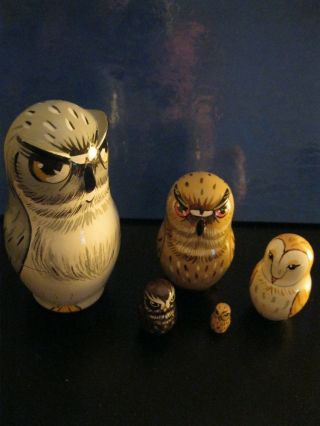 Rare Owls.  Exqusite Art 3dset Of Nesting Dolls Hand Crafted In Russia