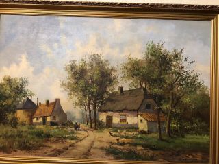 Mid Century Modern European Landscape Oil Painting On Board 24” X 36” Signed