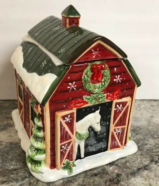 Rare Susan Winget Red Horse Barn Ceramic Christmas Cookie Jar 10” Tall