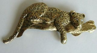 Vintage Leopard Cheetah Wild Big Cat Pin Brooch Rhinestone Eyes Gold Tone
