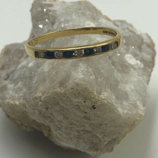 Vintage 18k Yellow Gold Diamond Blue Sapphire Band Ring Stamped 750 Size 9