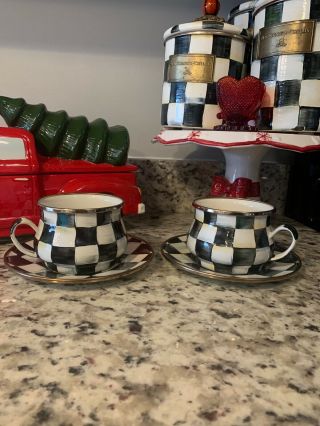4pc Mackenzie Childs Courtly Check Checker Set 2 Tea Cup Saucer Plate Coffee Mug