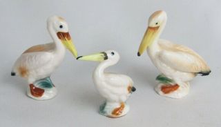 Vintage Bone China Miniature Pelican Bird Family Trio Figurine Set