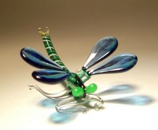 Blown Glass Art Insect Figurine Small Blue Dragonfly With Green Eyes