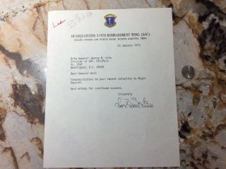 1973 319th Bombardment Wing Sac Col.  Lee Senter Signed Letter Grand Forks Afb