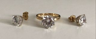 Vintage 14k Yellow & White Gold Cz Solitaire Ring & Matching Stud Earring Set