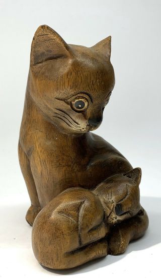 Vintage Wooden Kitty Cats Statue Sculpture Brown Carved Wood 7.  75”