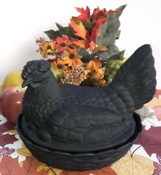 Pottery Hen Nest Chicken Dish 8” Vintage Large Primitive Ceramic Bisque Hen Nest