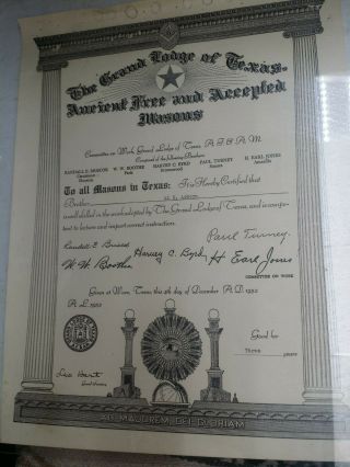 Vintage Masonic Freemason Certificate 1960 Waco Texas Lecture And Instruct