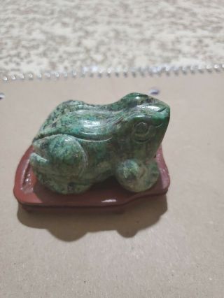 Vintage Hand Carved Natural Green And Black Marbled Stone Frog Figurine 2 " Long