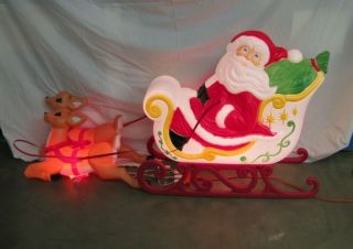 Vintage Santa Claus Sleigh W/2 Reindeer Outdoor Blow Mold Grand Venture