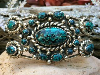 Vntg Native American Navajo Spiderweb Turquoise Sterling Silver Cuff Bracelet