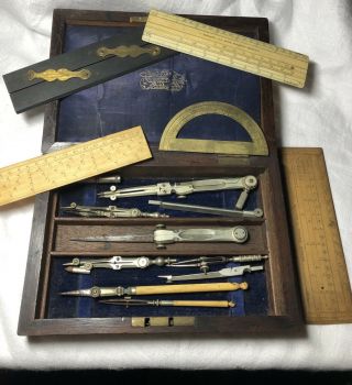 Vintage Stanley London Wooden Box With Drawing Instruments Bone Ruler W Elliott