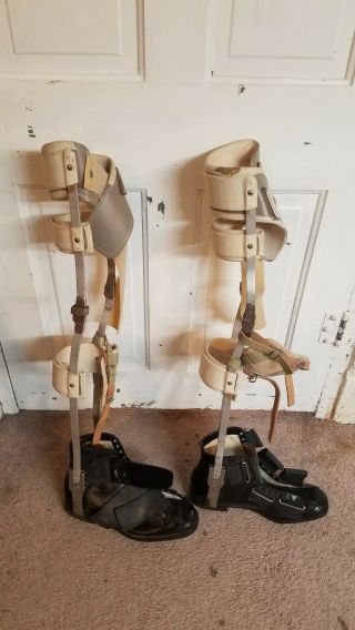 Vintage Polio Leg Braces Leather & Metal W/ Aldan Sz.  10 1/2 Shoes