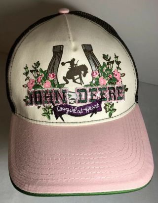 Ladies John Deere Adjustable Embroidered Pink Brown Mesh Cap Equestrian Cow Girl