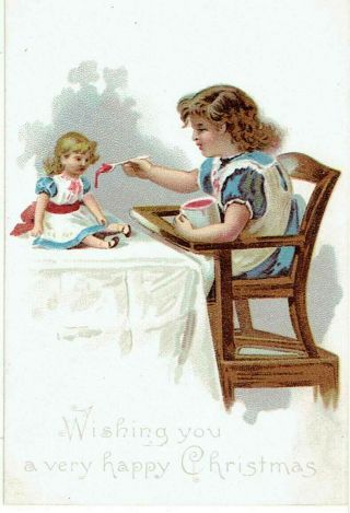 Victorian Christmas Greetings Card Little Girl Feeding Her Doll With Jam