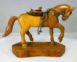Wood Horse Miniature On Base Hand Carved With Saddle Bridle Reins 4.  5 " Tall