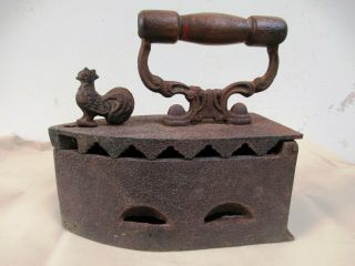 Vintage Cast Iron Sad Coal Fired Clothes Press Iron With Rooster Latch Collect F