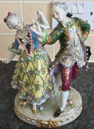 Large Vintage Sitzendorf Porcelain Figurine Group Of Dancing Man & Woman Flowers