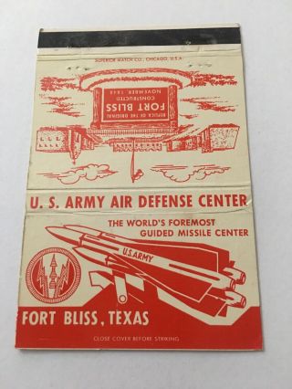 Vintage Matchbook Cover Matchcover Us Army Air Defense Center Fort Bliss Texas