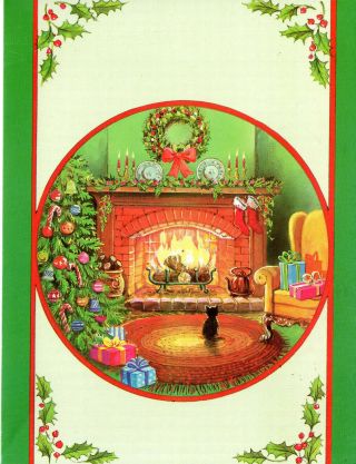 Vintage Christmas Card: Cat Sitting By Fireplace