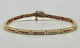 Vintage 14k Yellow Gold Diamond & Ruby Tennis Bracelet