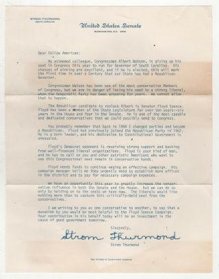 1970 Strom Thurmond South Carolina Campaign Letter Floyd Spence Albert Watson Sc