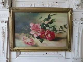 Omg Old Vintage Rose Oil Painting Pink Roses On Canvas Frame Gorgeous